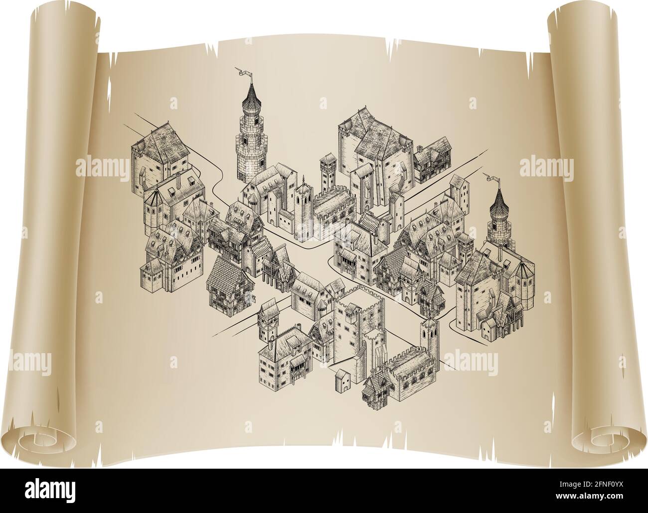 Mittelalterliche Stadtkarte Scroll Vintage Illustration Stock Vektor