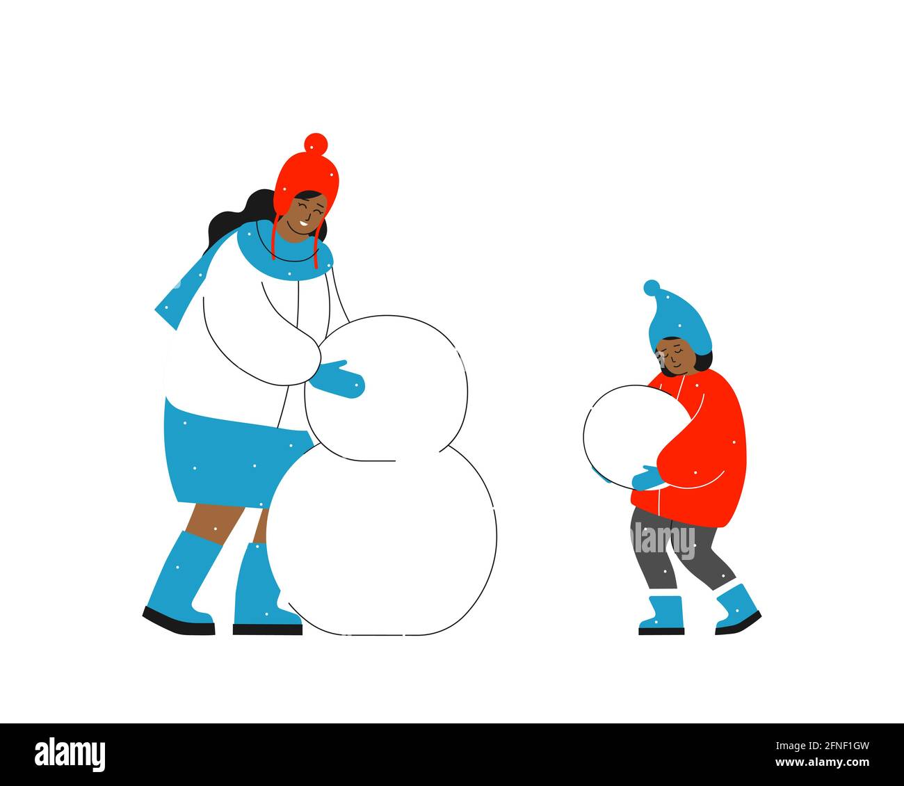 Vektor Isolierte Flache Illustration Gluckliche Afroamerikanische Mutter Modelliert Schneemann Und Baby Madchen Helfen Ihr Carring Ball In Den Handen Winterurlaub Vor C Stock Vektorgrafik Alamy