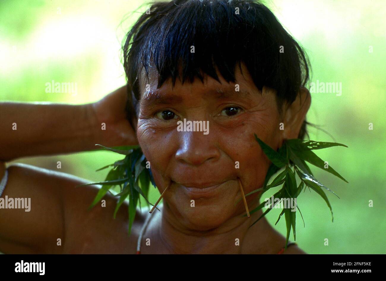 Porträt einer Frau des Yanomami-Stammes mit Ohren- und Mundschmuck. [Automatisierte Übersetzung] Stockfoto