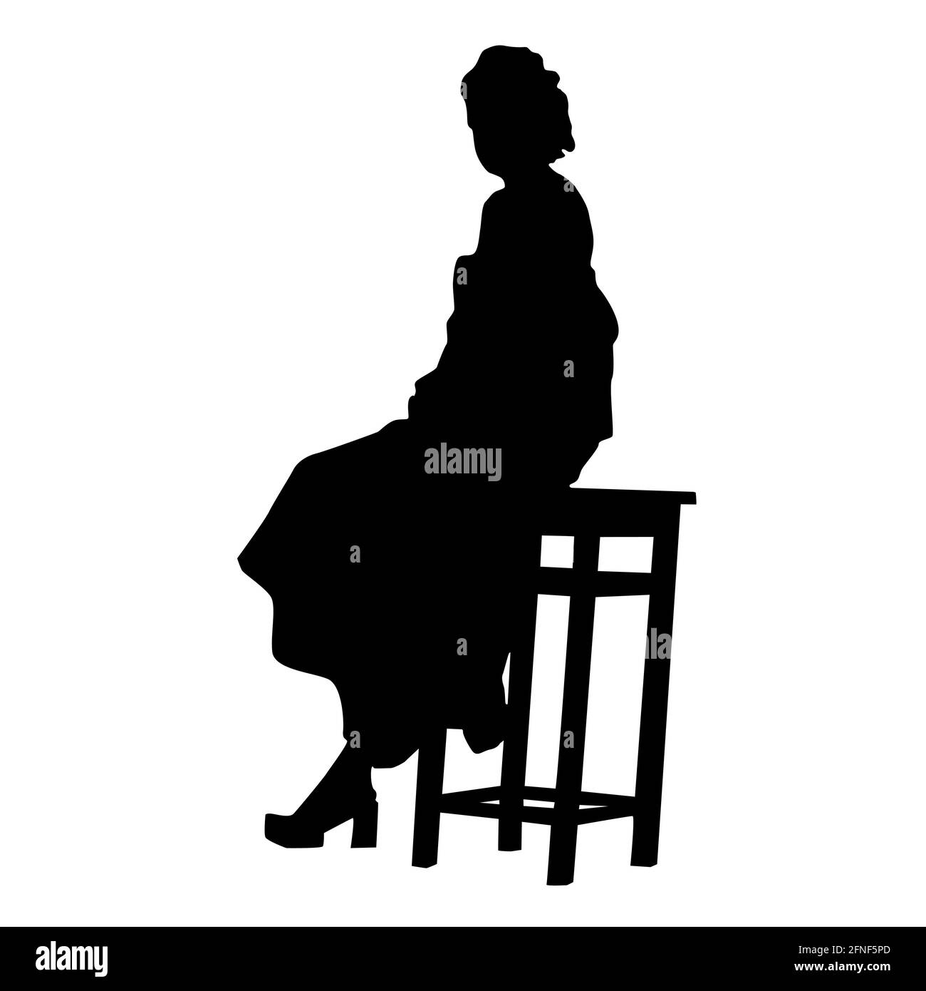 Silhouette von lockig elegante Frau in einem Kleid auf einem hohen Hocker sitzen. Schwarz grau auf weißem Hintergrund. Vektorgrafik. Stock Vektor