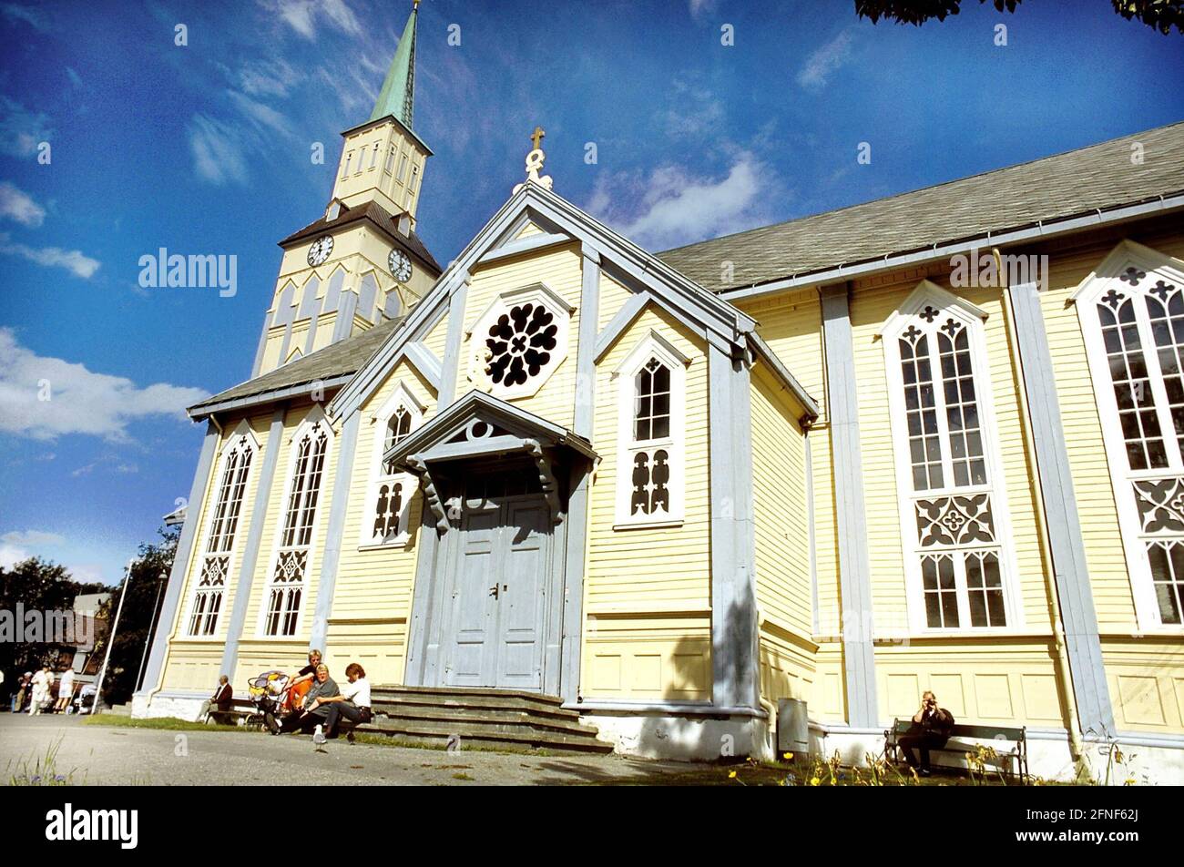 Die 1861 erbaute Kathedrale von Tromso ist eine der größten Holzkirchen Norwegens. [Automatisierte Übersetzung] Stockfoto