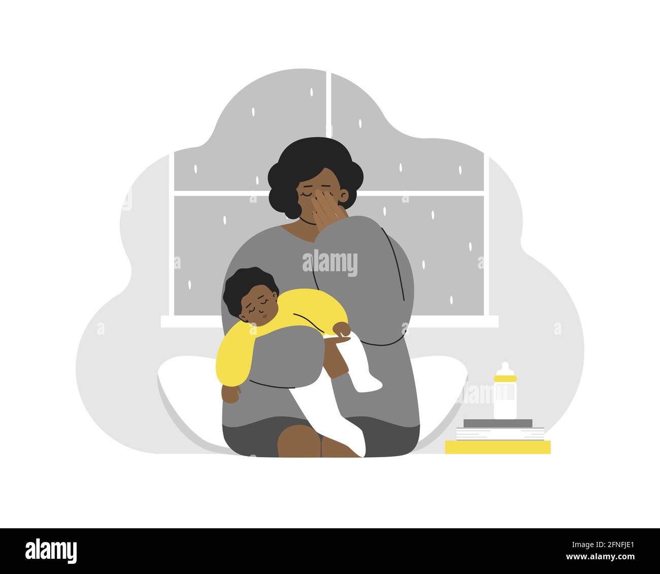 Vektor-Flat-Konzept. Problem der Mutterschaft - wie man Ruhe und psychische Gesundheit zu halten. Müde afroamerikanische Mutter weint. Sie hält das Baby an den Händen. Mom Feel Stock Vektor