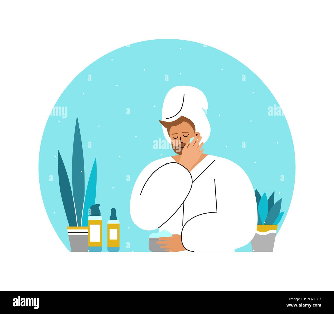 Vector flach isoliert Konzept mit lächelnden kaukasischen erwachsenen Mann im Badezimmer, trägt in weißem Handtuch, Bademantel. Tägliche Hautpflege. Kerl reinigt Gesicht, Stock Vektor
