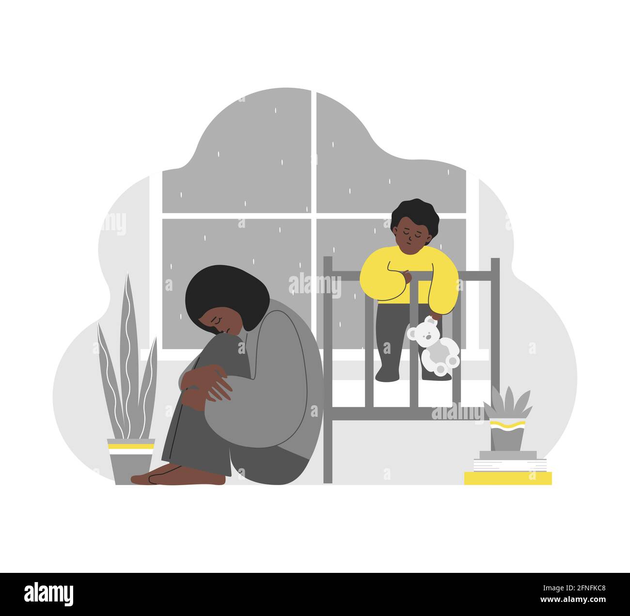 Vektor flach isoliert Konzept. Müde afroamerikanische Mutter sitzt, umarmt die Knie. Sie hat Schwierigkeiten, die psychische Gesundheit der Mutter zu erhalten. Baby bleibt im Bett. Stock Vektor
