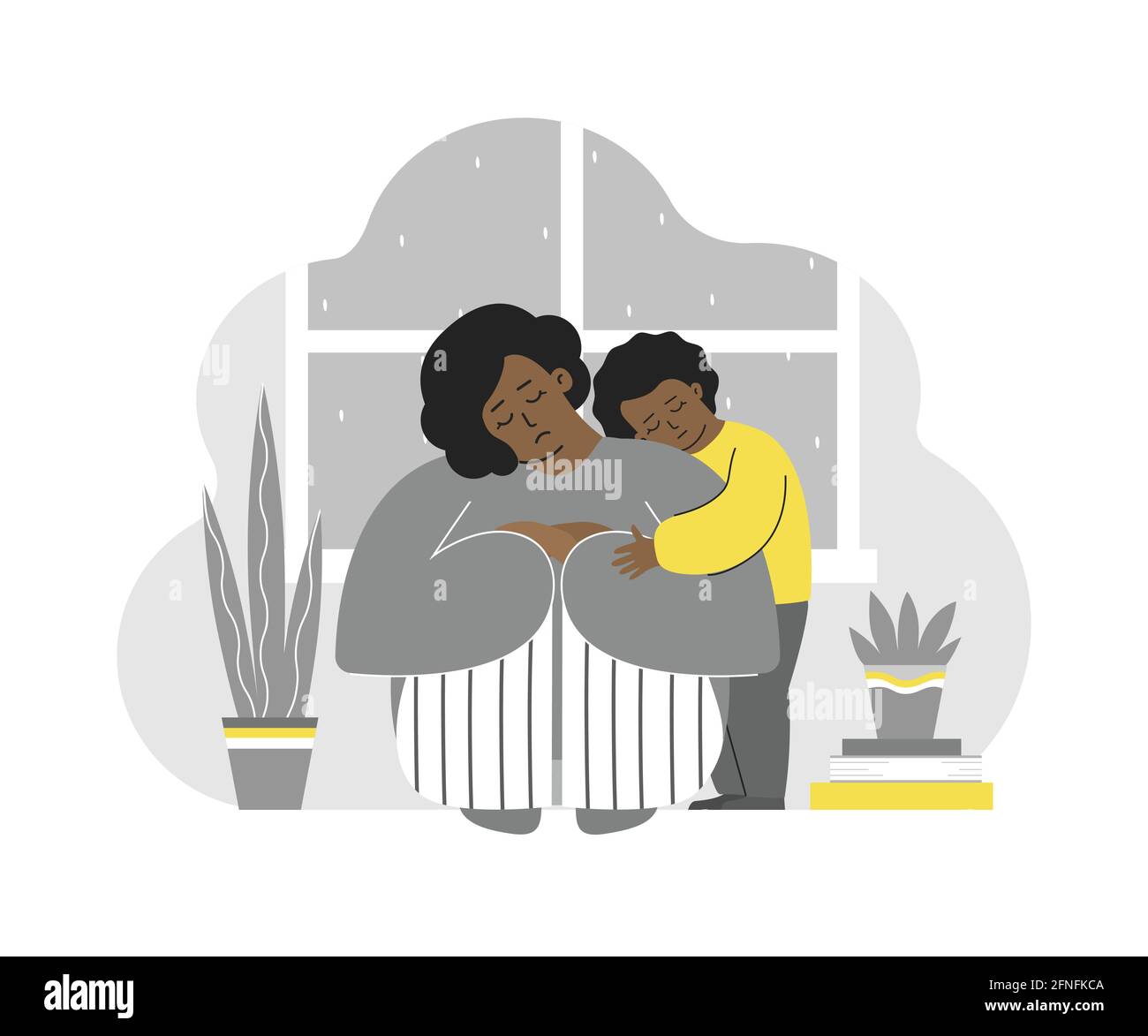 Vektor flach isoliert Illustration mit müde einsame Mutter. Afroamerikanische Tochter umarmt ihre traurige Mutter. Postpartale Depression und emotionaler Stress. Di Stock Vektor