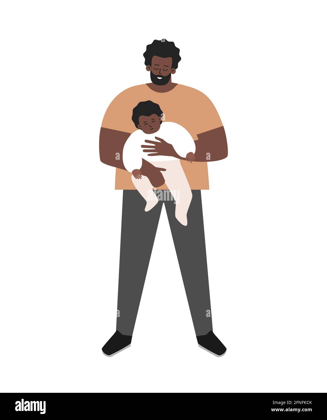 Vektor-isolierte flache Illustration. Afroamerikanischer Alleinerziehender lächelt und hält in seinen Armen ein niedliches Adoptivkind. Glücklicher Vater zeigt Eltern Stock Vektor