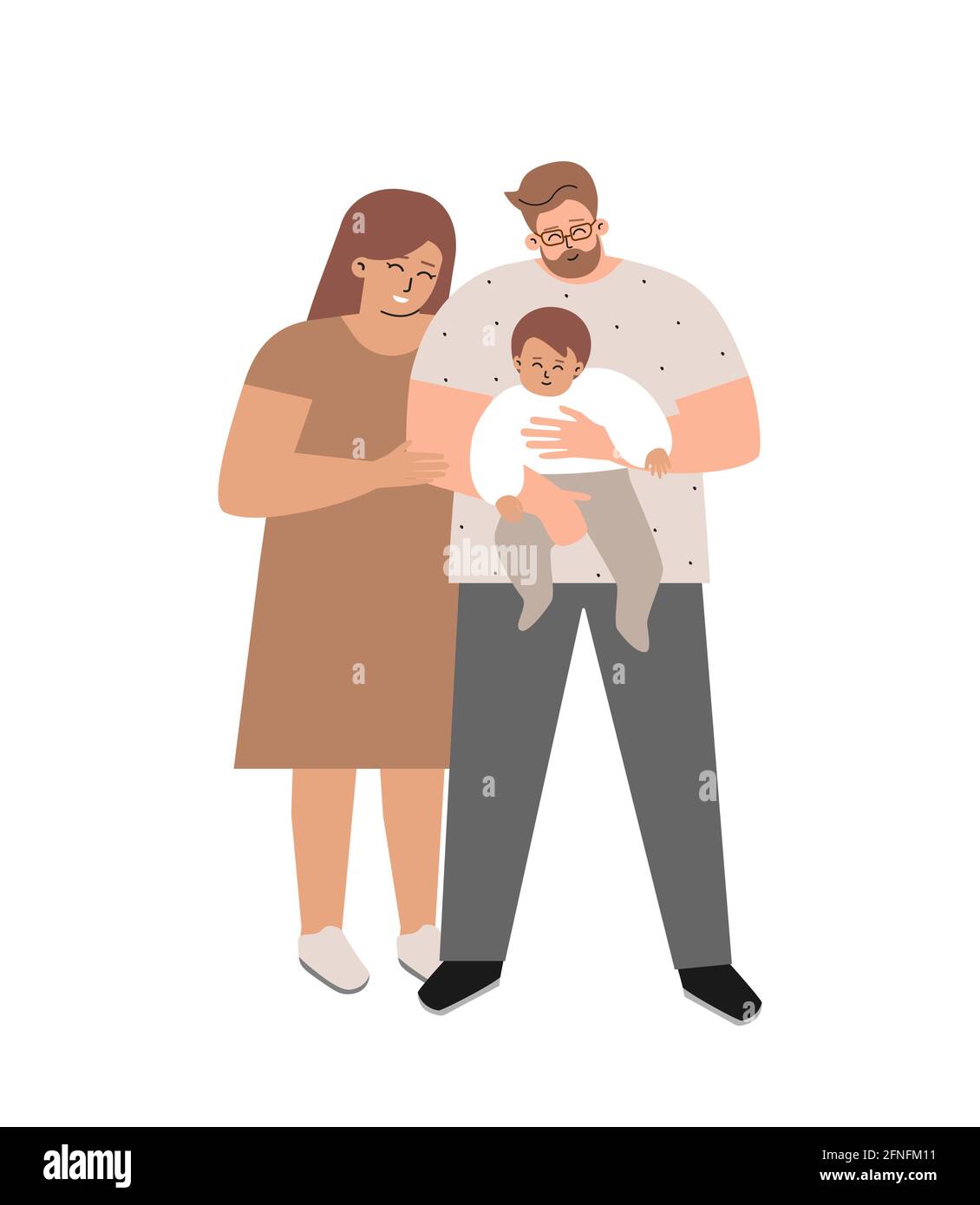 Vektor isoliert flache Illustration mit glücklichen Familie. Europäische Pflegevater umarmt adoptierte Baby. Mutter steht bei ihnen. Eltern zeigen Liebe und Fürsorge Stock Vektor