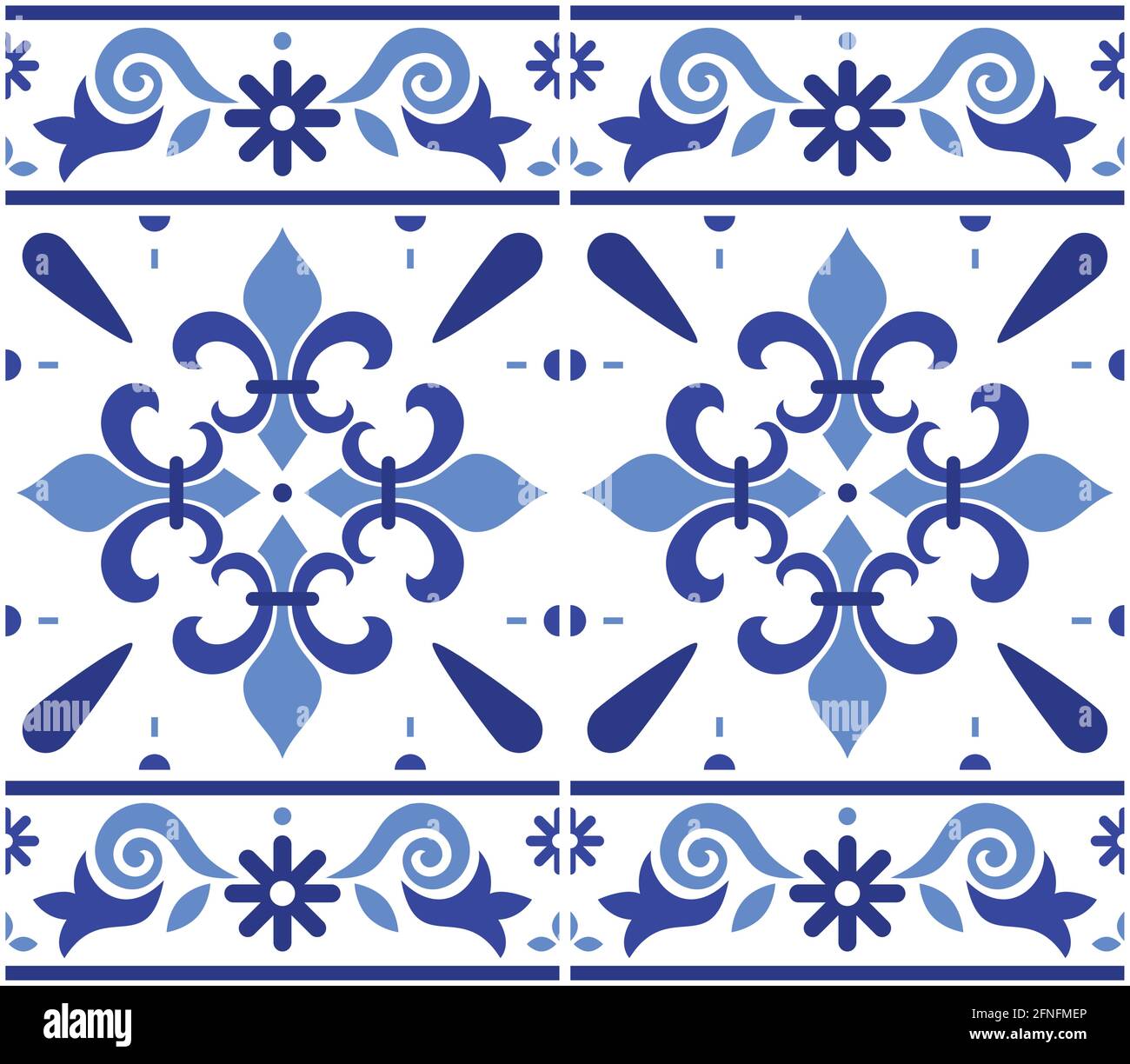 Portugiesische Azulejo Fliese nahtlose Vektor Dekorative Muster mit Fleur de Lis-Motiv, marineblaues geometrisches Design mit Rahmen oder Rand Stock Vektor