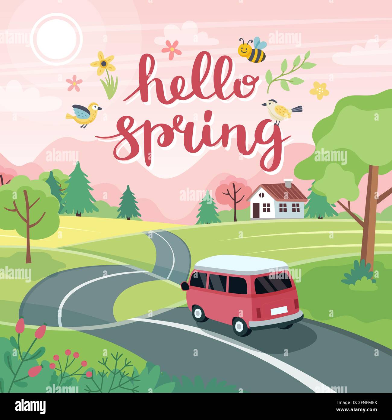 Autoreise Frühling. Landschaft mit einem niedlichen Auto auf der Straße und Schriftzug. Vektorgrafik im flachen Stil Stock Vektor