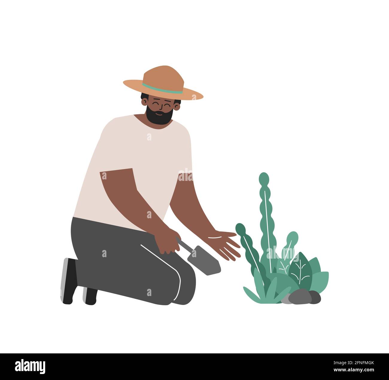 Vektor-isoliertes Konzept. Afroamerikanischer Mann pflanzt Blumen mit Spachtel. Lächelnde Bauern pflegen grünes Bio-Gemüse im Garten. Glückliche Züchter Liebe Stock Vektor