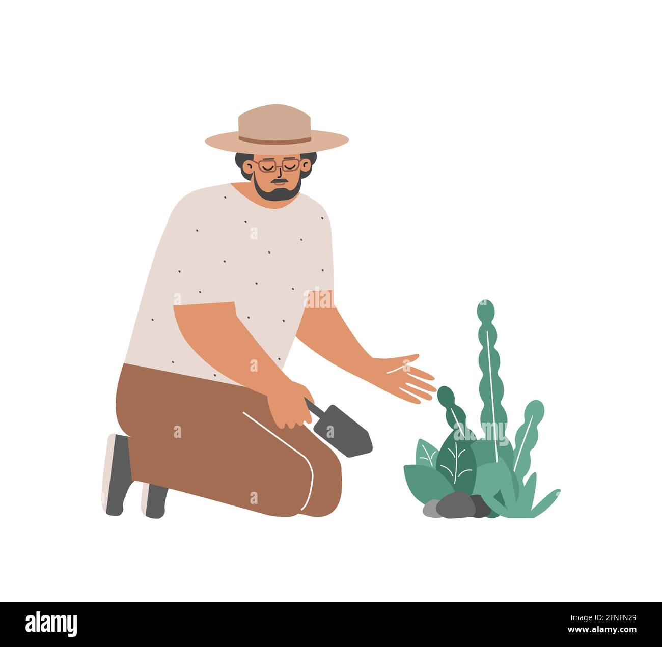 Vektor flach isoliert Konzept. Der kaukasische Mann pflanzt Blumen durch Spatel. Lächelnde Bauern pflegen grünes Bio-Gemüse im Garten. Glücklich Züchter Liebe t Stock Vektor
