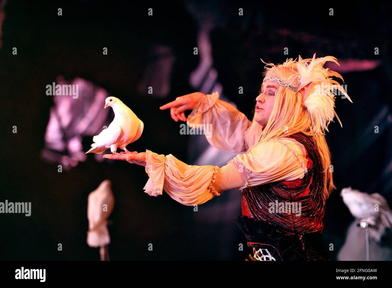 Andrejs Fjodorovs mit seinen ausgebildeten Tauben. Die erste Generalprobe im Giffords Circus, in der Nähe von Stroud, Gloucesterhsire der neuen Show The Stockfoto