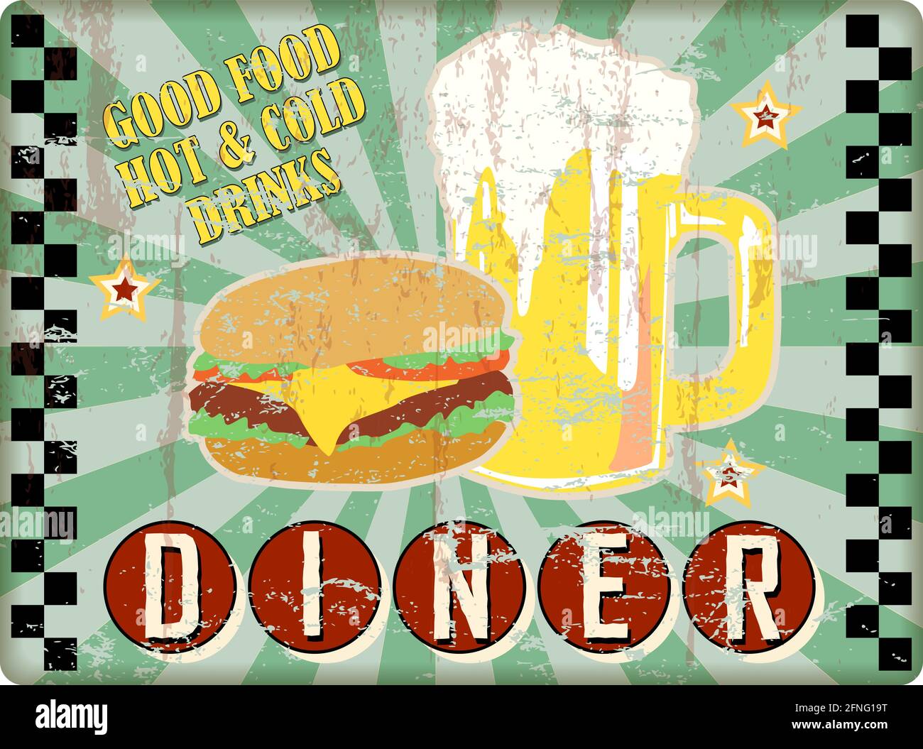 Retro grungy Diner Schild mit Bier und Hamburger.Vektor-Illustration. Fiktives Kunstwerk. Stock Vektor