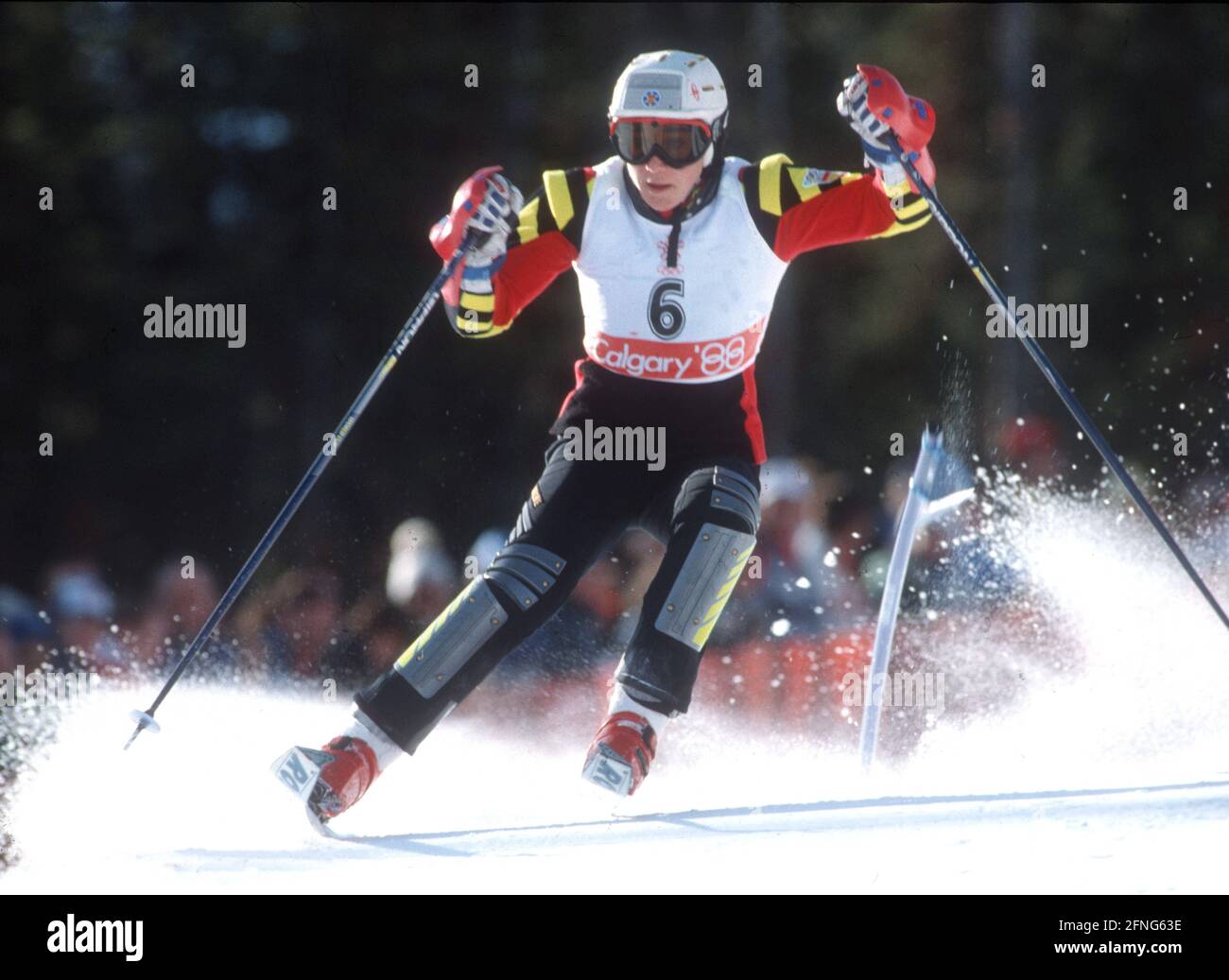 Olympische Winterspiele 1988 In Calgary. Slalom Damen 26.02.1988. Blanca Fernandez Ochoa (Spanien) Aktion. [Automatisierte Übersetzung] Stockfoto