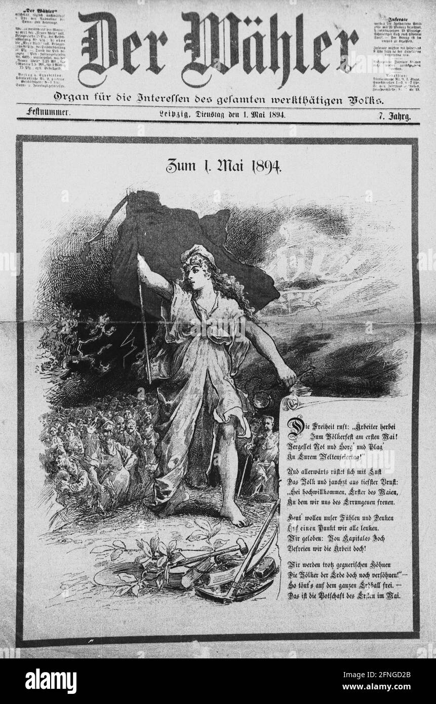 Berlin / Gewerkschaften / Geschichte / 1894 Plakate und Zeitungstitel zur 1. Mai-Demonstration, // Gewerkschaft / Arbeiterbewegung / Sozialdemokratie / SPD / Werbung / Kunst / Poster / fotografiert am 1989. April, Preußisches Staatsarchiv *** Ortsüberschrift *** Gewerkschaft / Geschichte / Plakat zur 1. Mai-Kundgebung. // Arbeiterklasse / Sozialdemokratie / Kunst / [automatisierte Übersetzung] Stockfoto