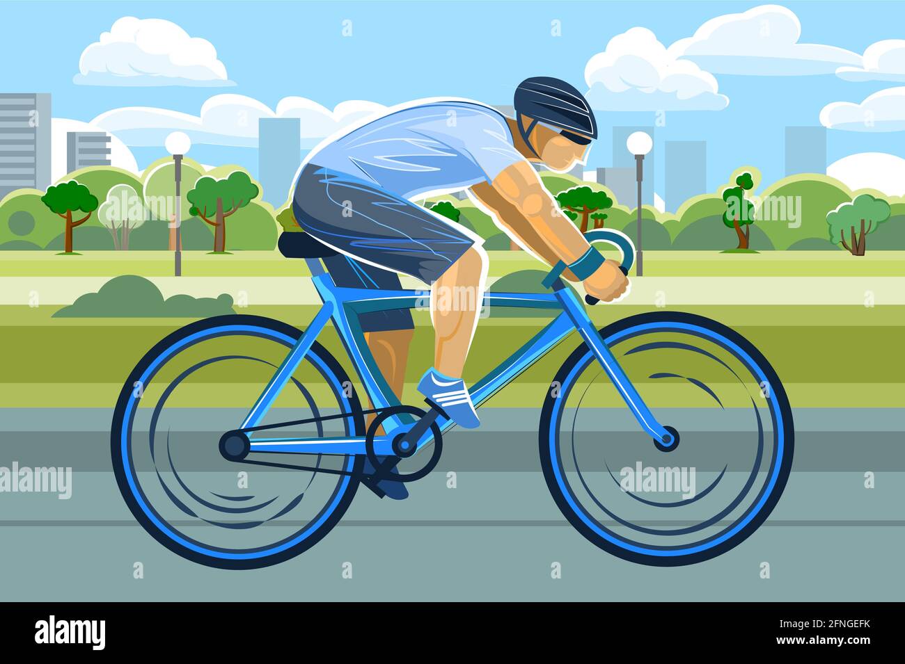 Der Boyin ein Helm fährt ein Fahrrad. Radfahren. Fitness und gesunder Lebensstil. Flacher Cartoon-Stil. Vor der Kulisse eines Parks in einer Großstadt Stock Vektor