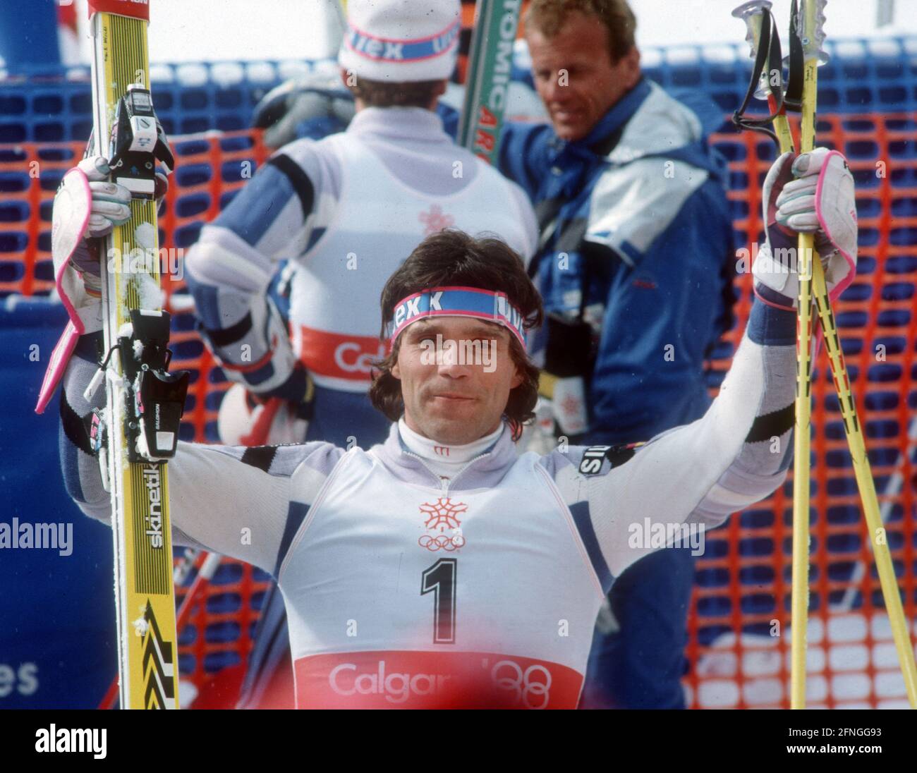 Olympische Winterspiele in Calgary 1988 / Ski Alpin / Slalom / 27.02.1988. Frank Wörndl (BRD) nach dem Gewinn der Silbermedaille im Slalom. [Automatisierte Übersetzung] Stockfoto