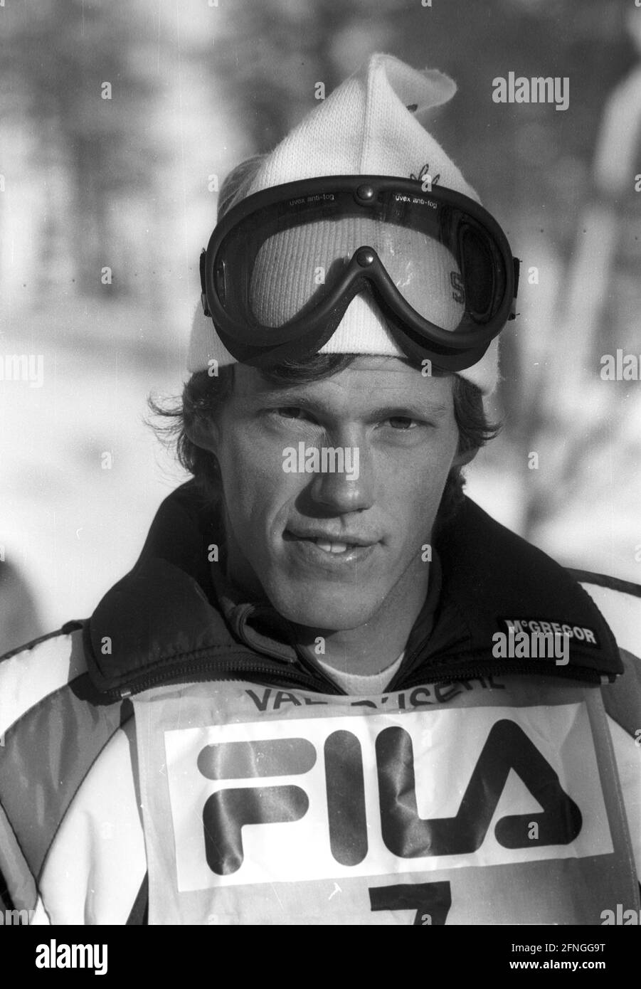 Kriterium des ersten Schnees im Val d'Isere 07.12.1979. Jean-Luc Fournier (FRA) im Porträt. [Automatisierte Übersetzung] Stockfoto