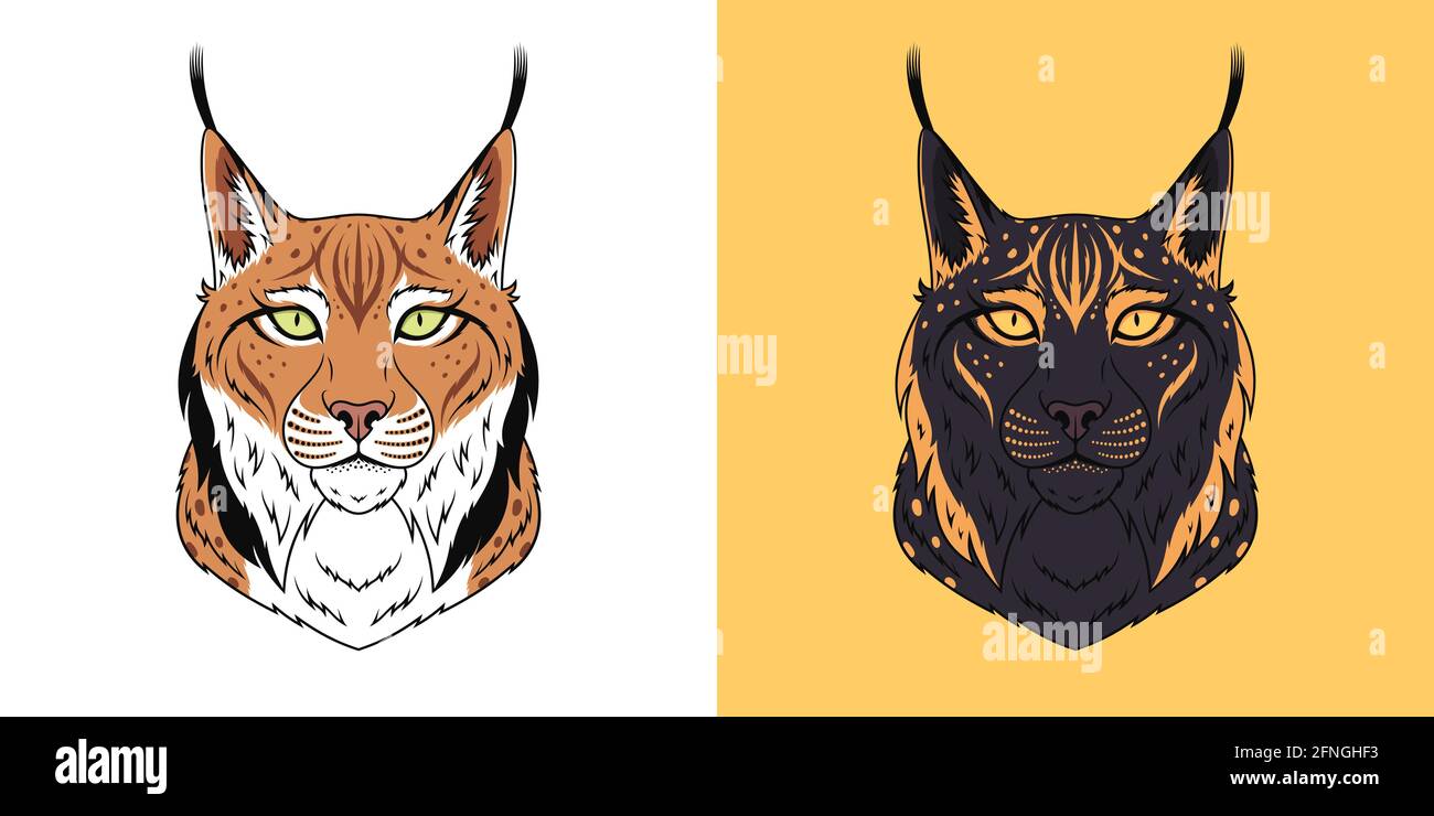 Brauner und schwarzer Luchskopf mit grünen und goldenen Augen, isoliertes Luchsgesicht. Raubkatze. Lynx Silhouette, Logo und Maskottchen. Vektorgrafik Stock Vektor