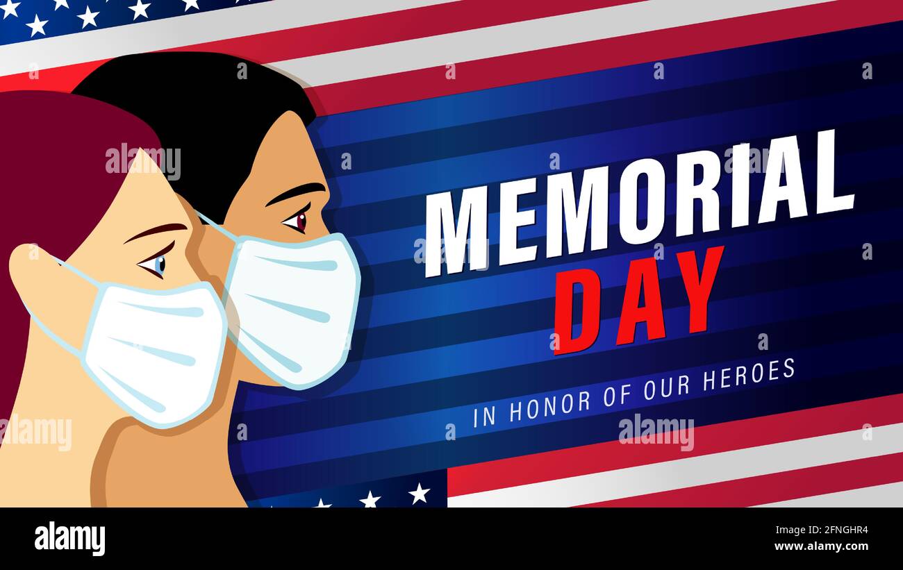 Memorial Day USA Banner mit Menschen in medizinischer Maske und Flagge. Feiertagsdesign für US-Urlaub mit amerikanischen Männern und Frauen, Text und Flagge auf Blau Stock Vektor