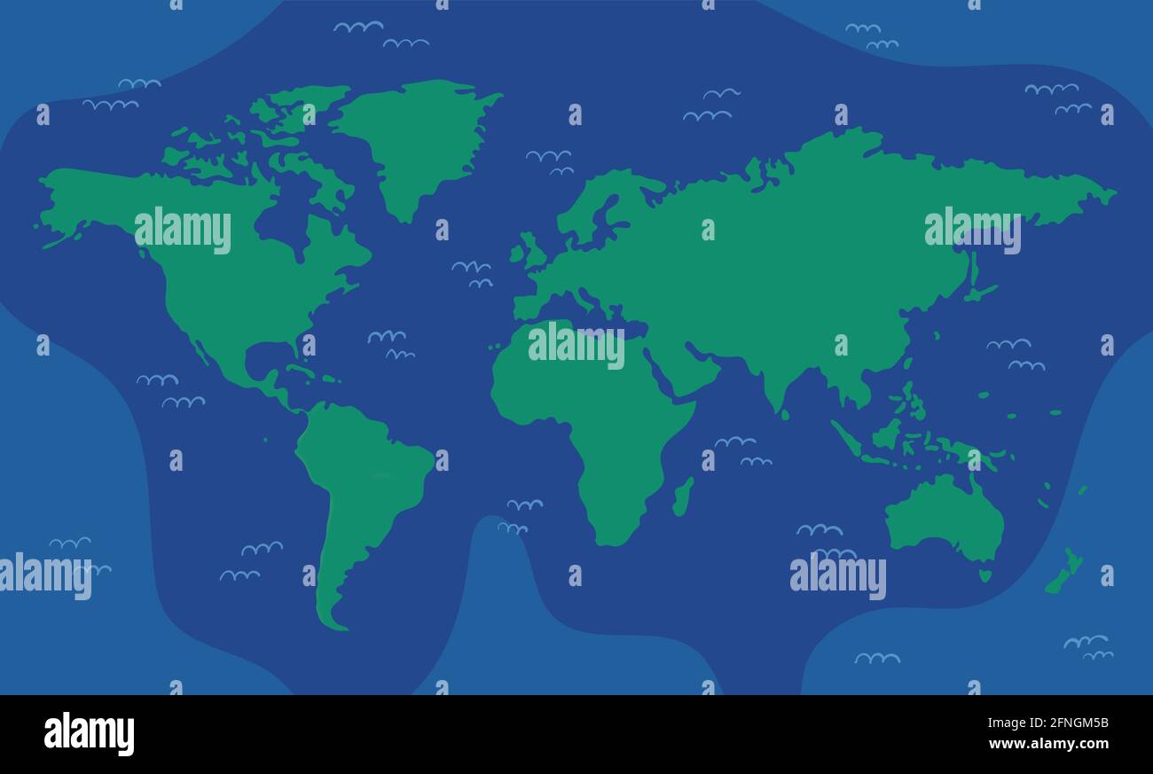 Hell illustrierte Weltkarte mit Kontinenten für Vorschulkinder, Schulkinder, Heimunterricht. Einige Wasserschwänge auf dem Meer Stock Vektor