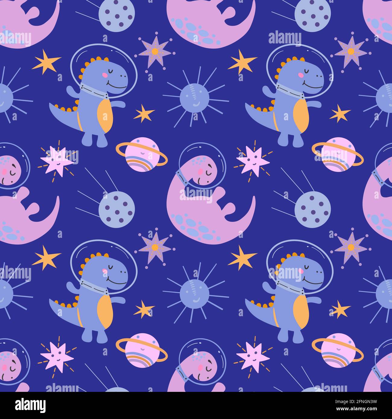 Nahtloses Muster mit niedlichen Dinosauriern im Kosmos. Blauer Hintergrund, Vektorgrafiken. Zum Einwickeln von Papier, Textilien, Kinderkleidung, Deckdrucken, Tassen Stock Vektor