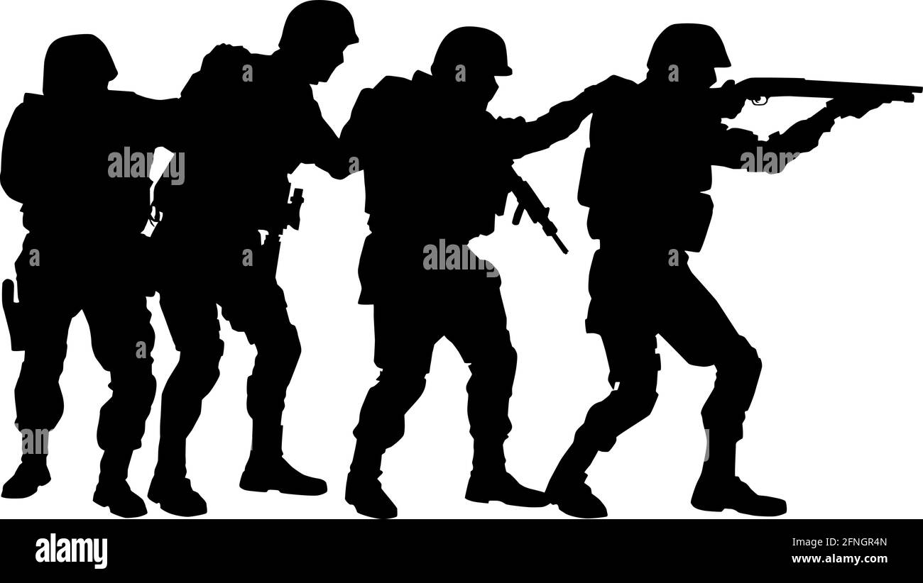 Polizei Spezialeinheiten taktisches Team, SWAT-Gruppe, Gegen-Terror-Kader Kämpfer bewegen sich in Stack-Formation hinter Teamleiter, der mit Schrotflinte Vektor Silhouette auf weißem Hintergrund isoliert zielen Stock Vektor
