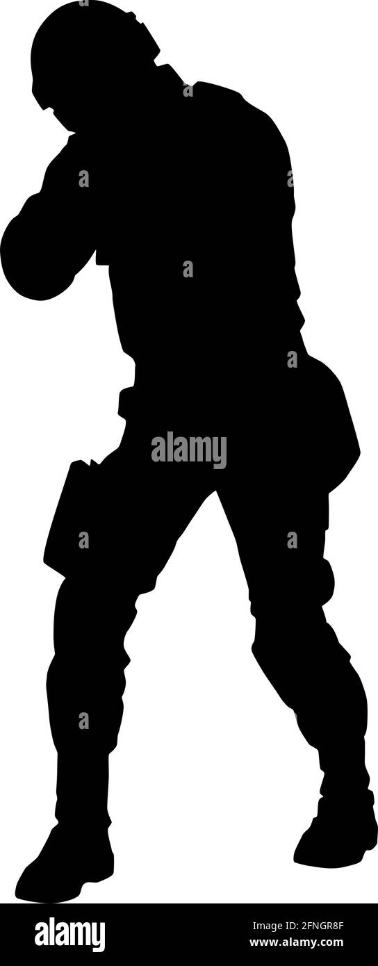 Taktische Polizeigruppe, SWAT-Team, Bereitschaftskontrolloffizier in Uniformen und Helm, stehend und zielend mit Dienstwaffe auf die Kamera, volle Länge schwarze Vektor-Silhouette auf weißem Hintergrund isoliert Stock Vektor
