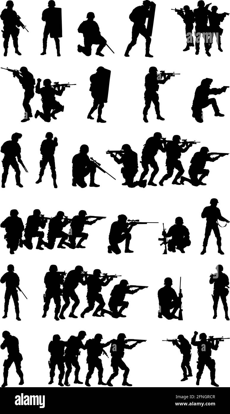 Polizei-Spezialeinheiten taktische Mitglieder, SWAT-Gruppe, Gegen-Terror-Kader Kämpfer setzen Sammlung Vektor Silhouette isoliert auf weißem Hintergrund Stock Vektor