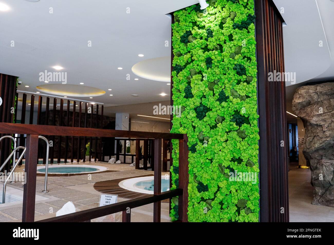 Designer-Dekoration mit grünen Pflanzen im Hintergrund des Pools in einem luxuriösen Spa-Center. Stockfoto