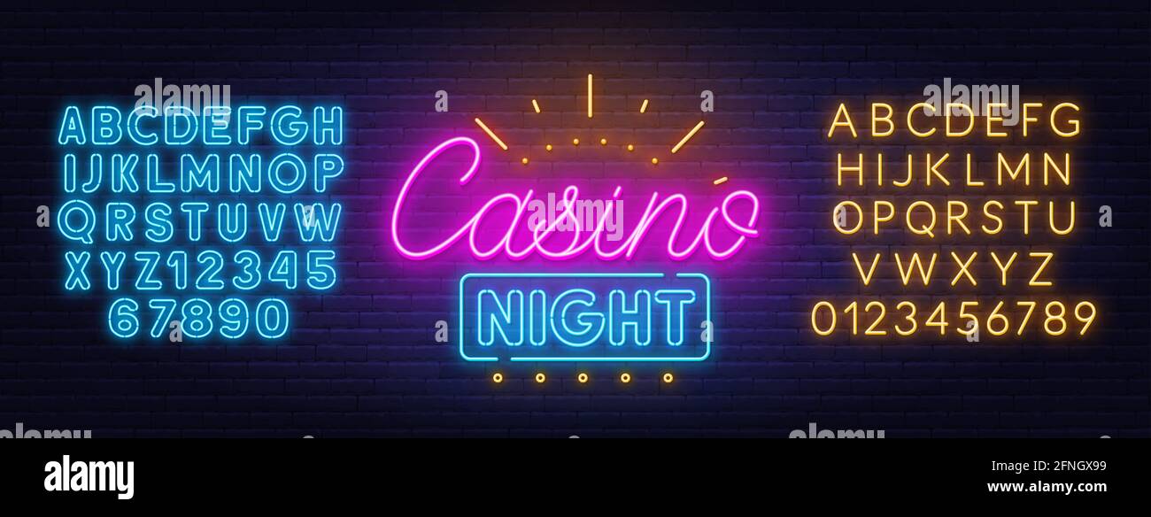 Casino Night Neon-Schild auf Backsteinmauer Hintergrund. Neon blau und gelb Alphabet . Stock Vektor