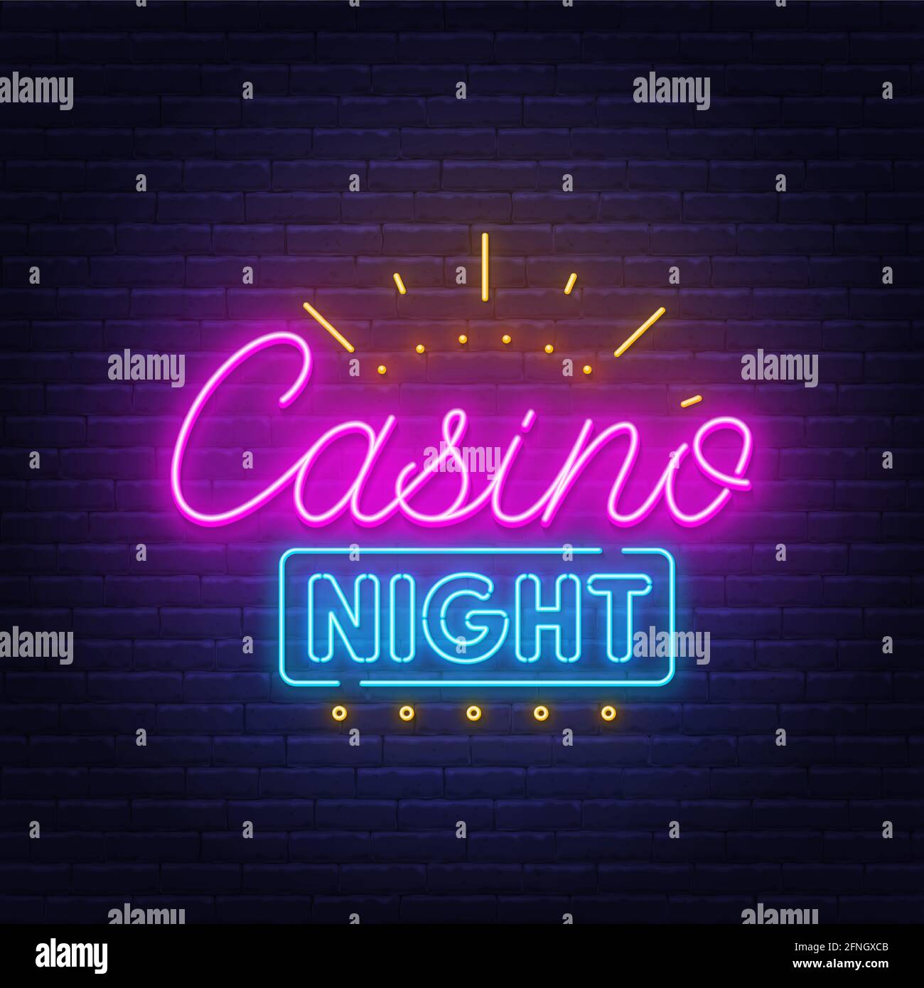 Casino Nacht Neon-Schild auf Backsteinmauer Hintergrund. Stock Vektor
