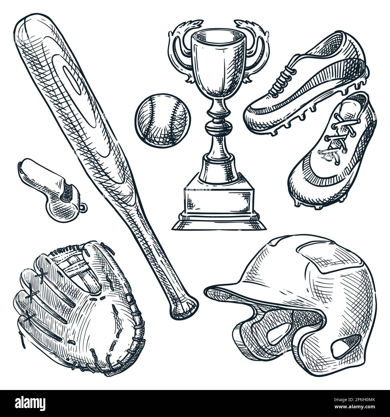 Baseballsportausrüstung. Vektorgrafik mit handgezeichneter Skizze. Ball, Handschuh, Baseballschläger, Helmsymbole auf weißem Hintergrund isoliert Stock Vektor