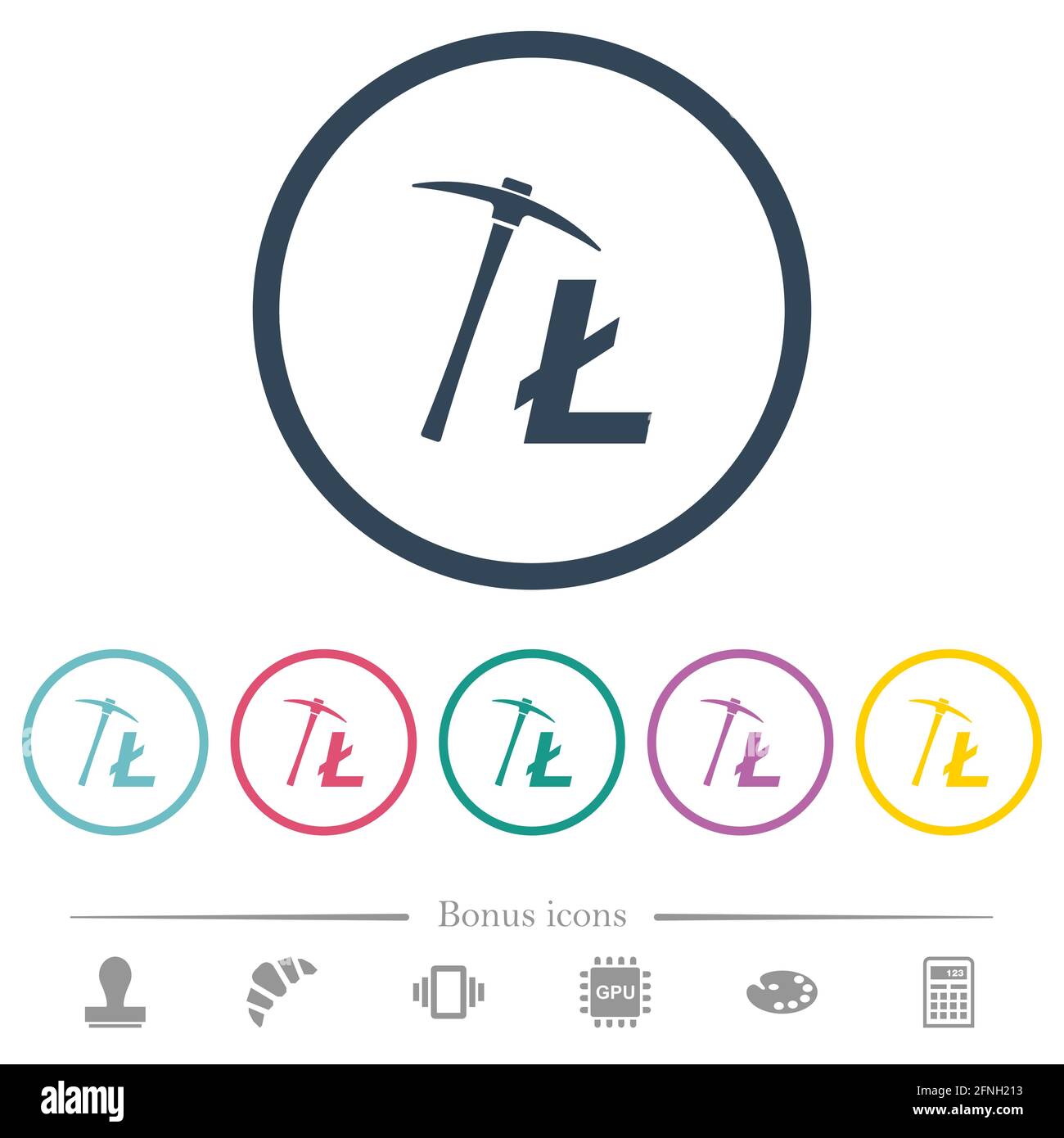 Litecoin Kryptowährung Mining flache Farbsymbole in runden Umrissen. 6 Bonus-Symbole enthalten. Stock Vektor