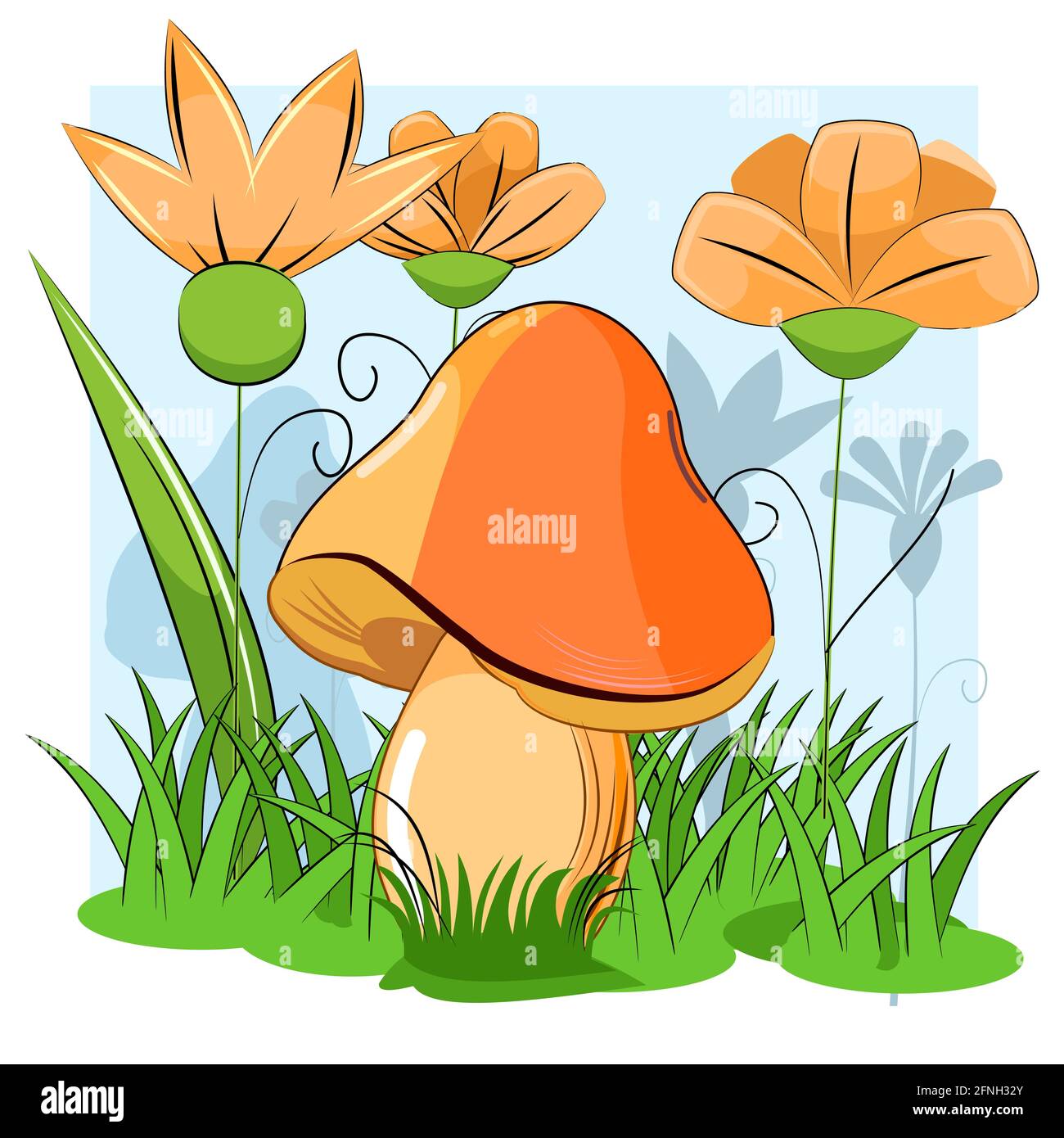 Orangenpilz auf dem Hintergrund einer blühenden Wiese. Wildblumen und Gras. Vektor auf Weiß isoliert. Flacher Cartoon-Stil. Wunderschöner kleiner Wald Stock Vektor