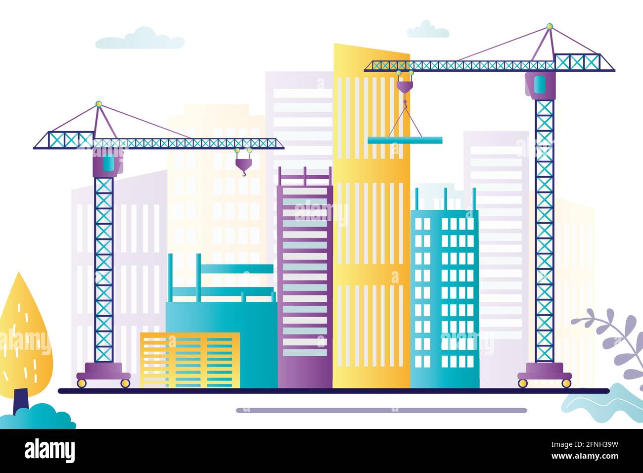 Bauprozess mit unfertigen Häusern und Maschinen. Сonstruction Hochhaus oder Eigentumswohnung Haus mit modernen Kranen. Große Baumaschinen. Stock Vektor