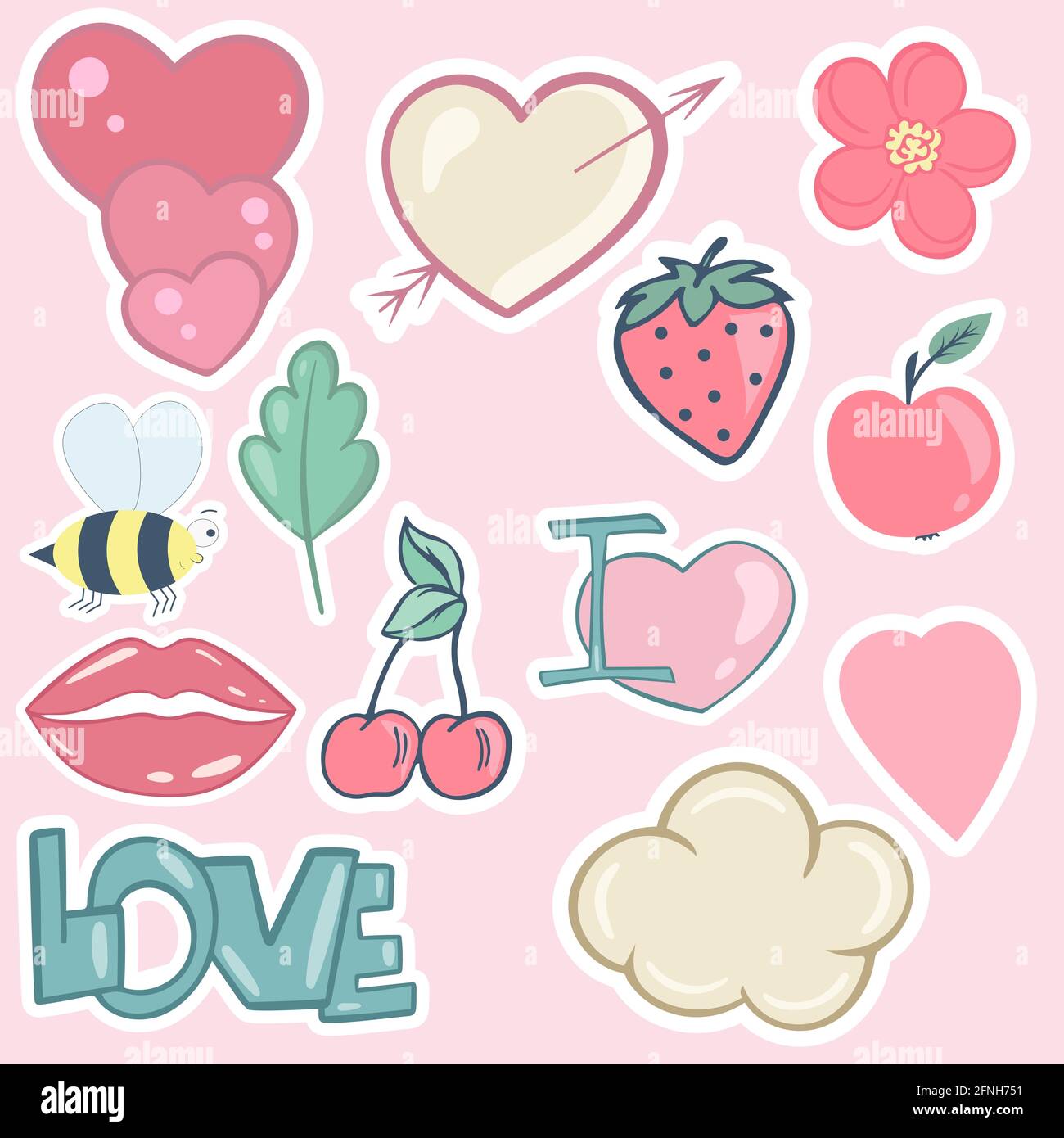 Aufkleberset. Vektor. Isolierte Illustration einer Blumenwolke, die Erdbeere und Kirsche küsst. Verschiedene Streifen in Pastellfarben. Handzeichnung. Stock Vektor