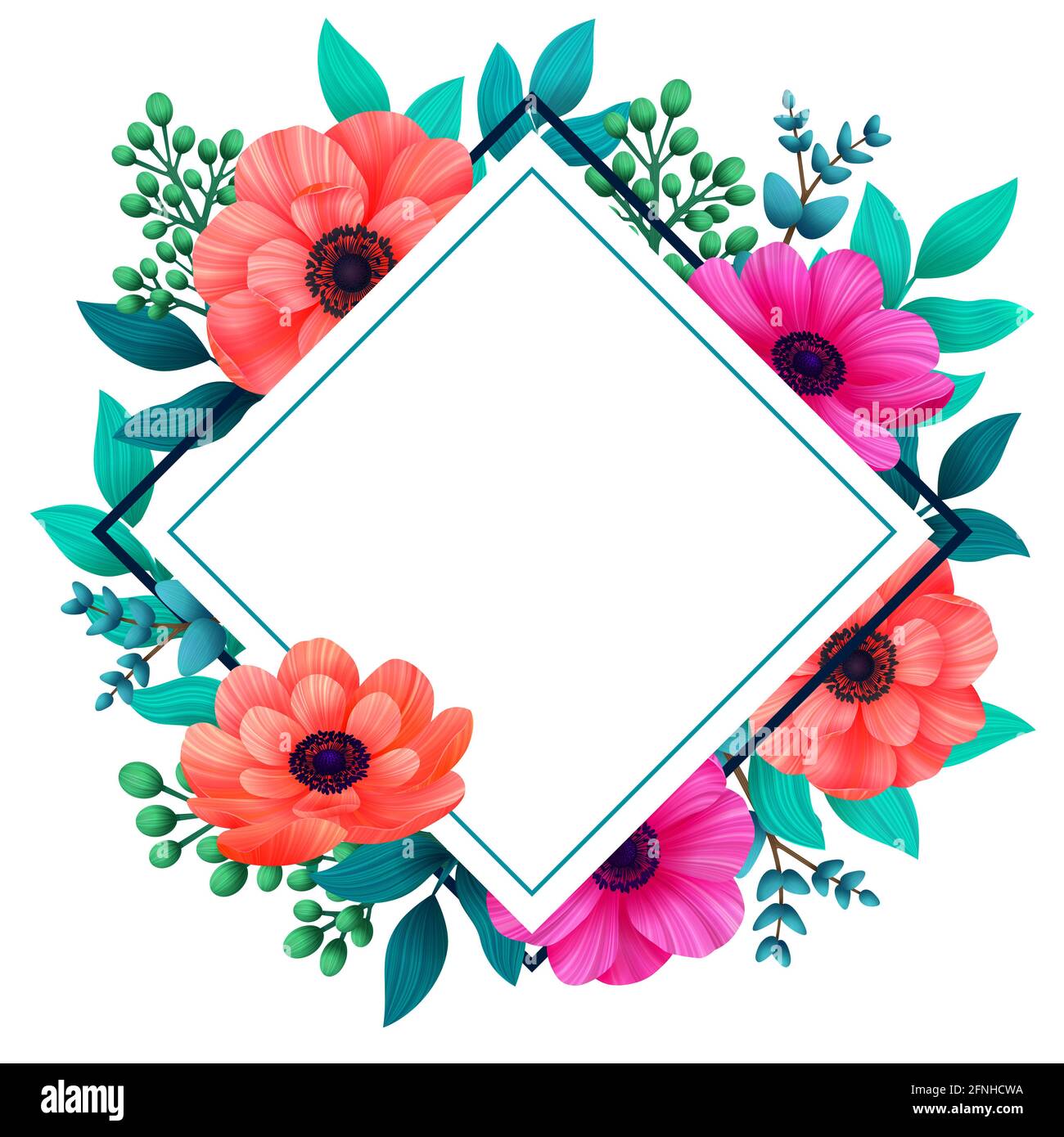 Blumenrahmen. Tropische Blumen trendige Vorlage. Design mit schönen Blumen und Palmblättern mit Kopierplatz auf weißem Hintergrund. Digitale Illustration Stockfoto