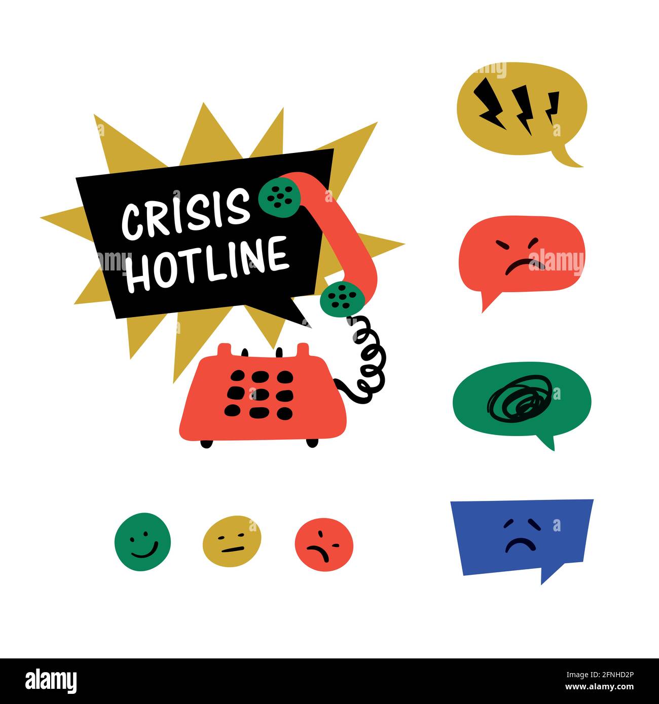 Psychologie. Krisenhotline, Support-Anruf, psychologische Hilfe. Gelbes handgezeichnetes Telefon mit Rad und blauer Sprechblase. Doodle-Stil flache Vektor-Illust Stock Vektor