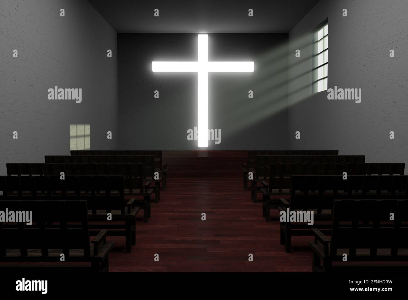 Eine 3d-Darstellung des Inneren einer kleinen modernen Kirche, mit Holzbänken, Betonwänden, Holzboden und einem iluminierten großen Kreuz an der Wand. Einige Volumeli Stockfoto