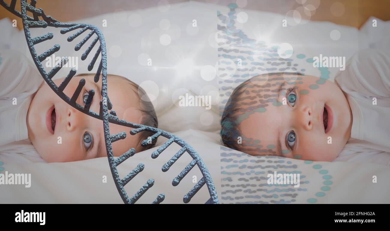 Kaukasisches Baby mit blauen Augen, die die Kamera mit betrachten dna-Konzept Stockfoto