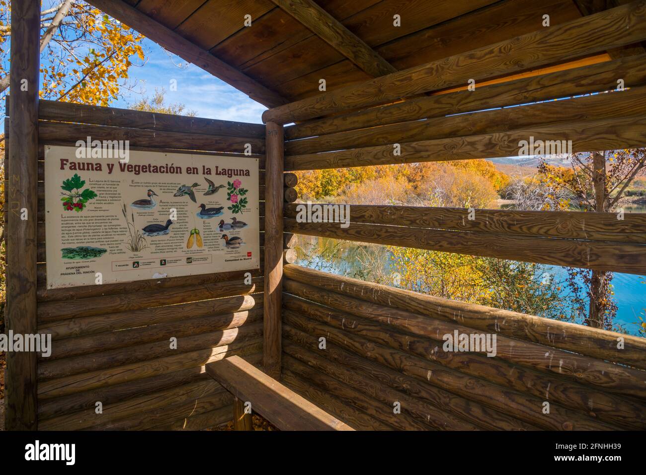 Vogelbeobachtungsstelle und Informationsschild. Laguna del Salobral, Biosphärenreservat Sierra del Rincon, Pradena del Rincon, Provinz Madrid, Spanien. Stockfoto