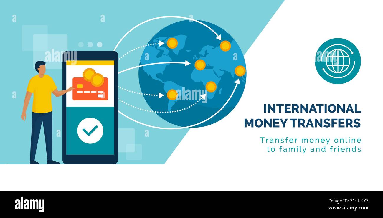 Internationaler Geldtransfer und sichere Transaktionen: Benutzer senden Geld an verschiedenen Standorten im Ausland über eine mobile Banking-App Stock Vektor