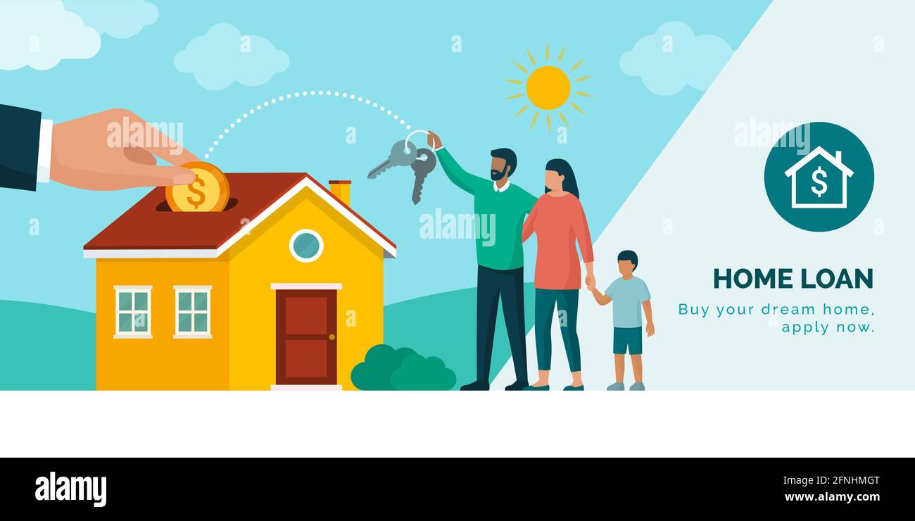 Glückliche Familie, die ihr neues Haus, ein neues Immobiliendarlehen und ein Hypothekenkonzept kauft Stock Vektor