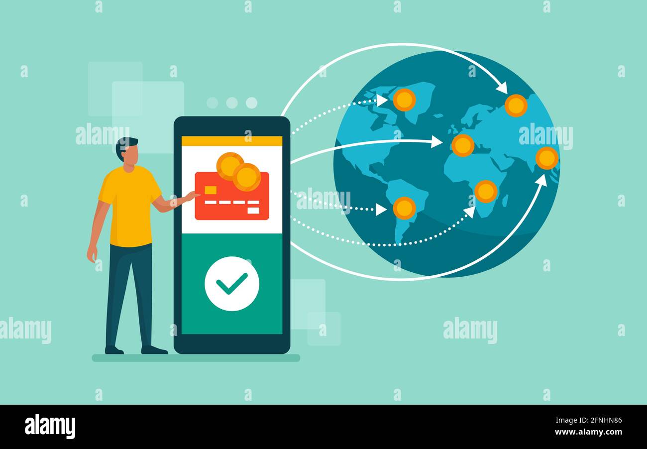 Internationaler Geldtransfer und sichere Transaktionen: Benutzer senden Geld an verschiedenen Standorten im Ausland über eine mobile Banking-App Stock Vektor