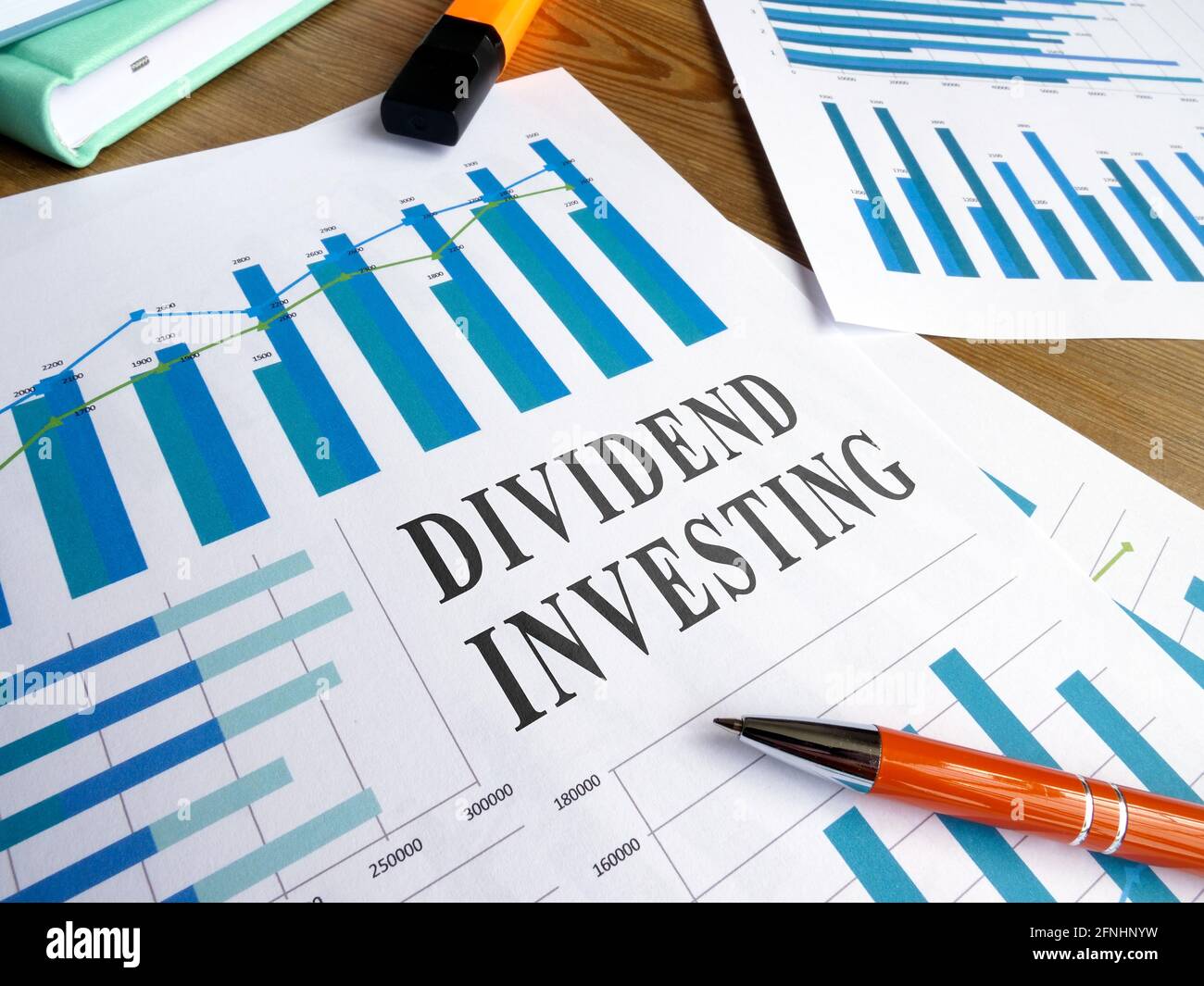 Geschäftsbericht für Dividenanlagen mit vielen Diagrammen. Stockfoto