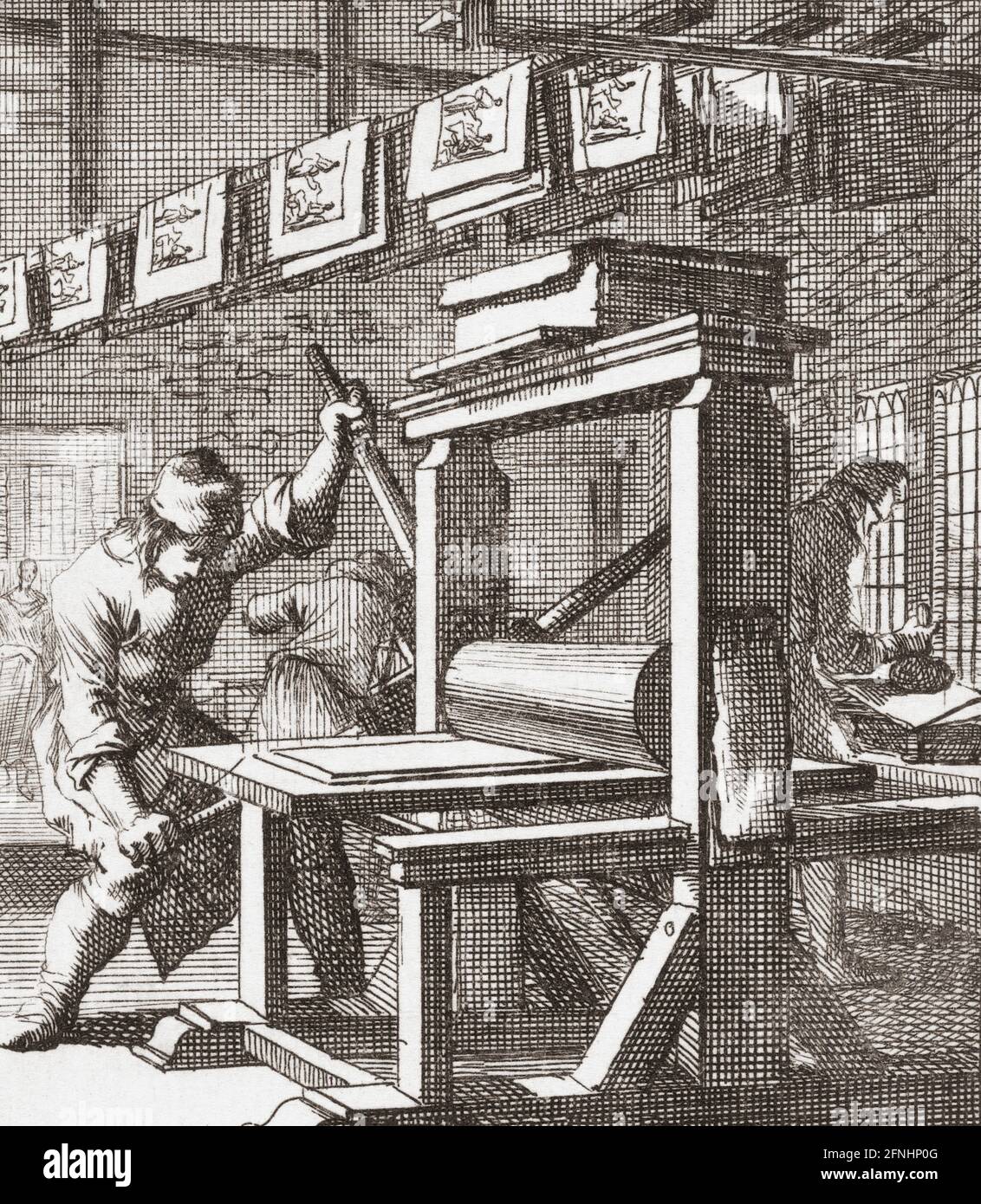 Ein Plattendrucker bei der Arbeit im späten 17. Jahrhundert. Nach einer Arbeit von Jan Luyken. Stockfoto