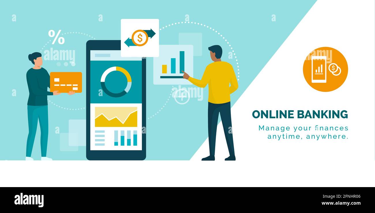 Menschen, die eine mobile Banking-App auf einem Smartphone verwenden, überprüfen ihr Konto und verwenden eine Kreditkarte Stock Vektor