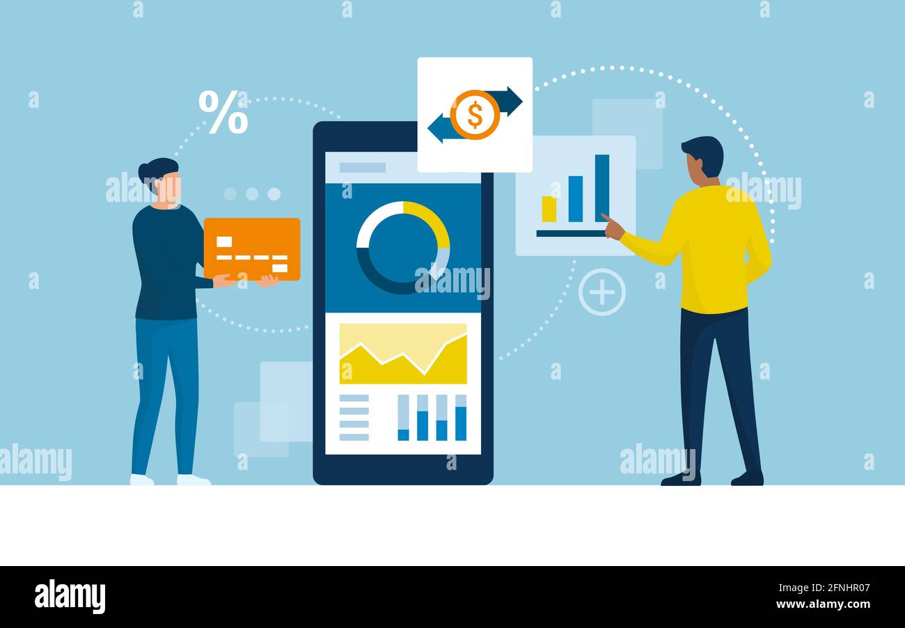 Menschen, die eine mobile Banking-App auf einem Smartphone verwenden, überprüfen ihr Konto und verwenden eine Kreditkarte Stock Vektor