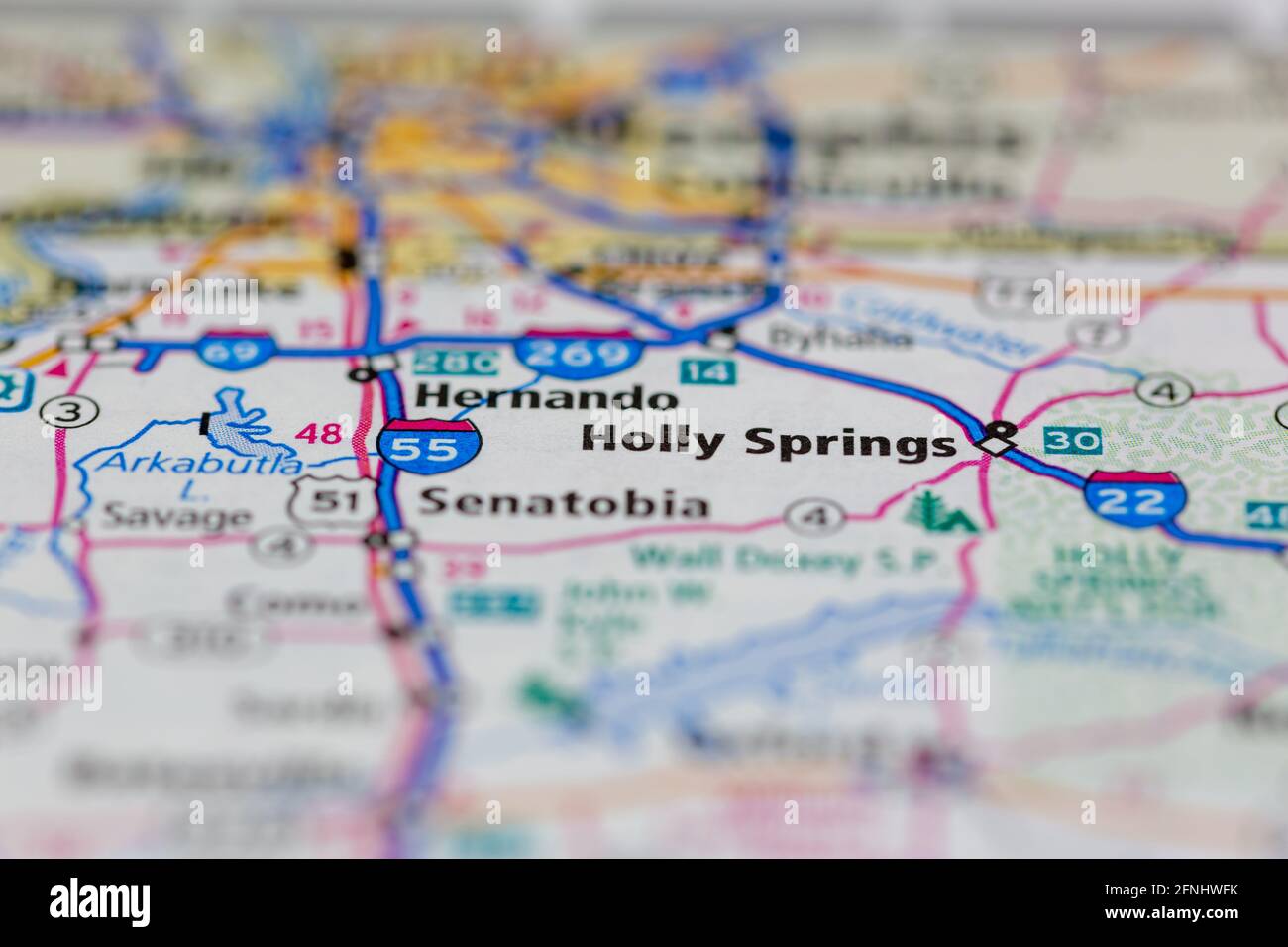 Holly Springs Mississippi USA auf einer Geographie-Karte oder angezeigt Straßenkarte Stockfoto